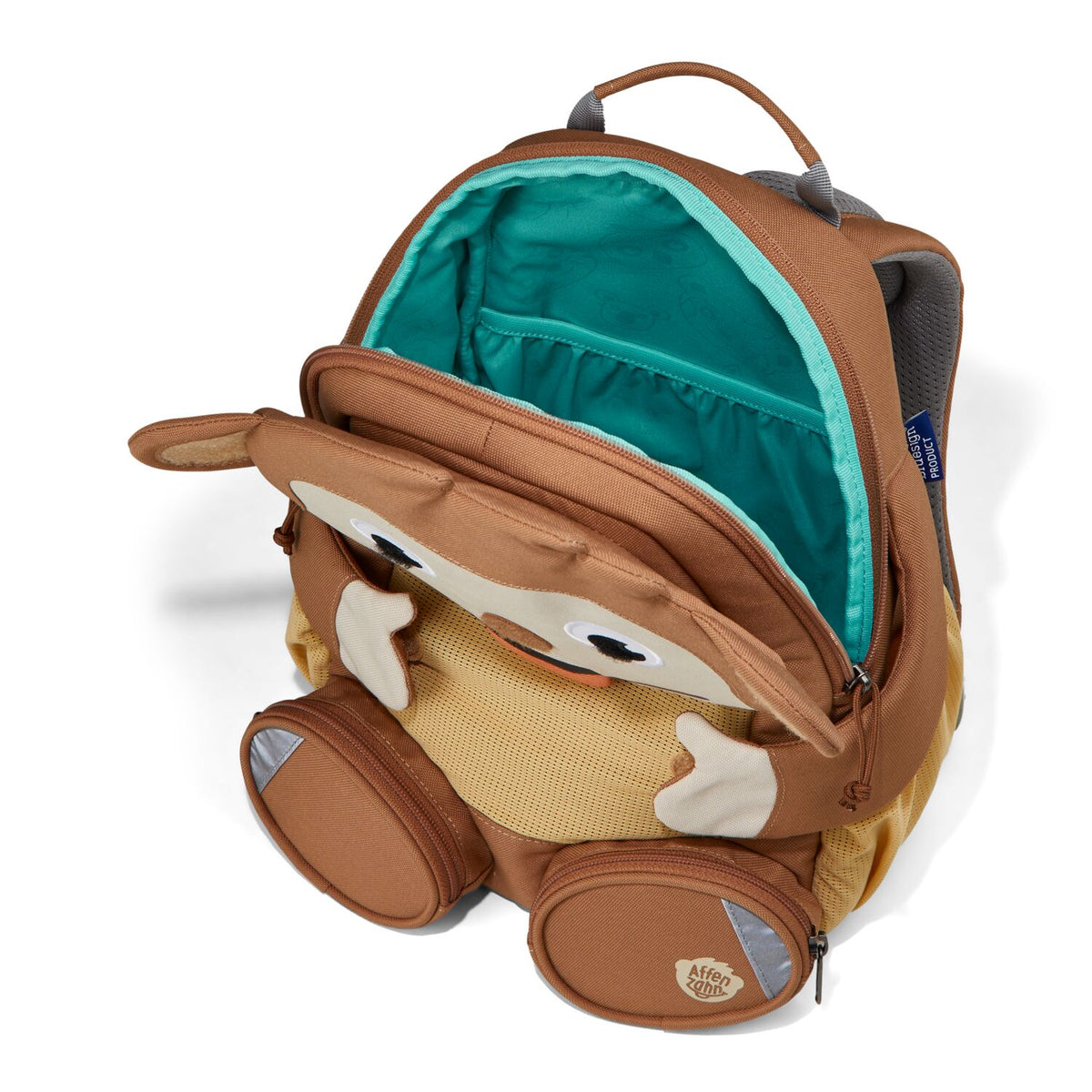 A top-down view of the Affenzahn Large Friend Monkey backpack’s main compartment, suitable for all your kid’s preschool essentials.