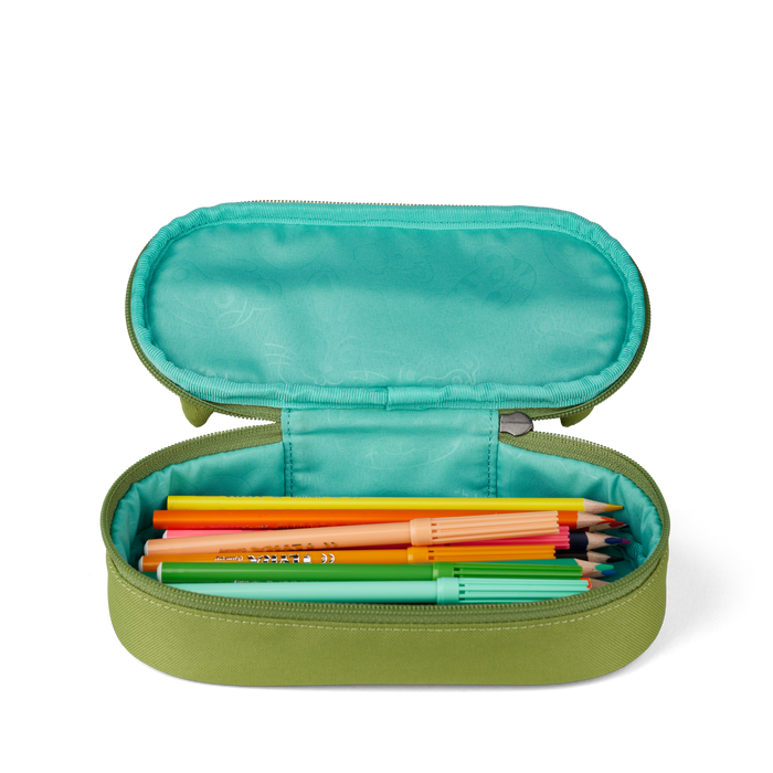 Open Affenzahn Dinosaur Pencil Case displaying the spacious interior for school supplies and pens.