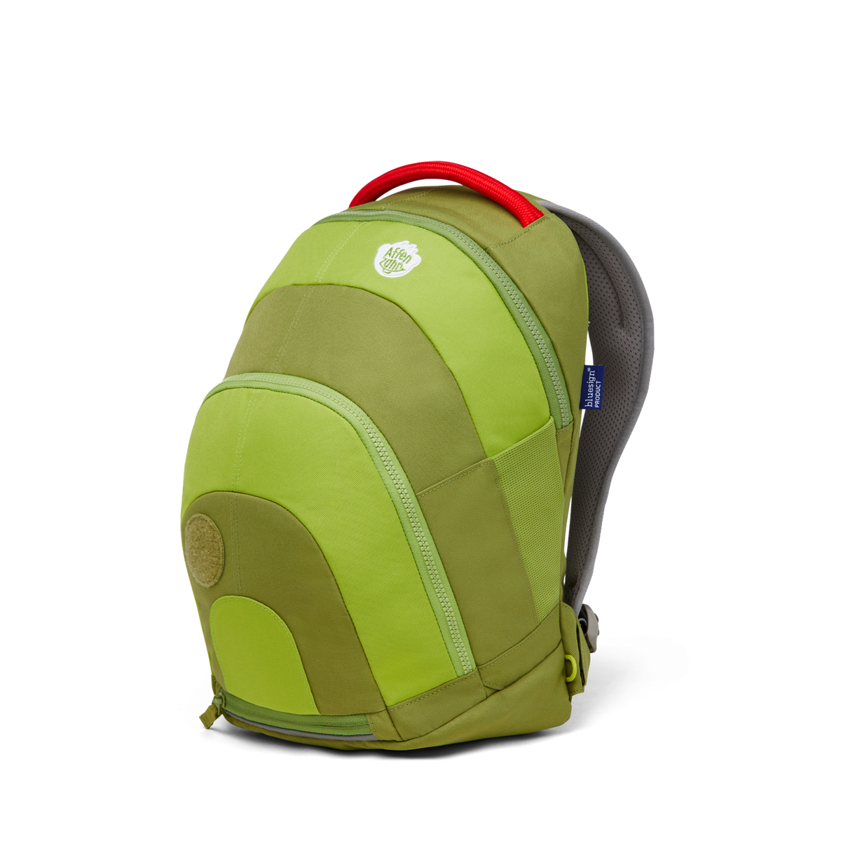 Front of the Affenzahn Daydreamer Dinosaur Backpack in green, featuring eco-friendly materials, spacious compartments, and a bold red carry handle.