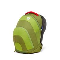 Front of the Affenzahn Daydreamer Dinosaur Backpack in green, featuring eco-friendly materials, spacious compartments, and a bold red carry handle.