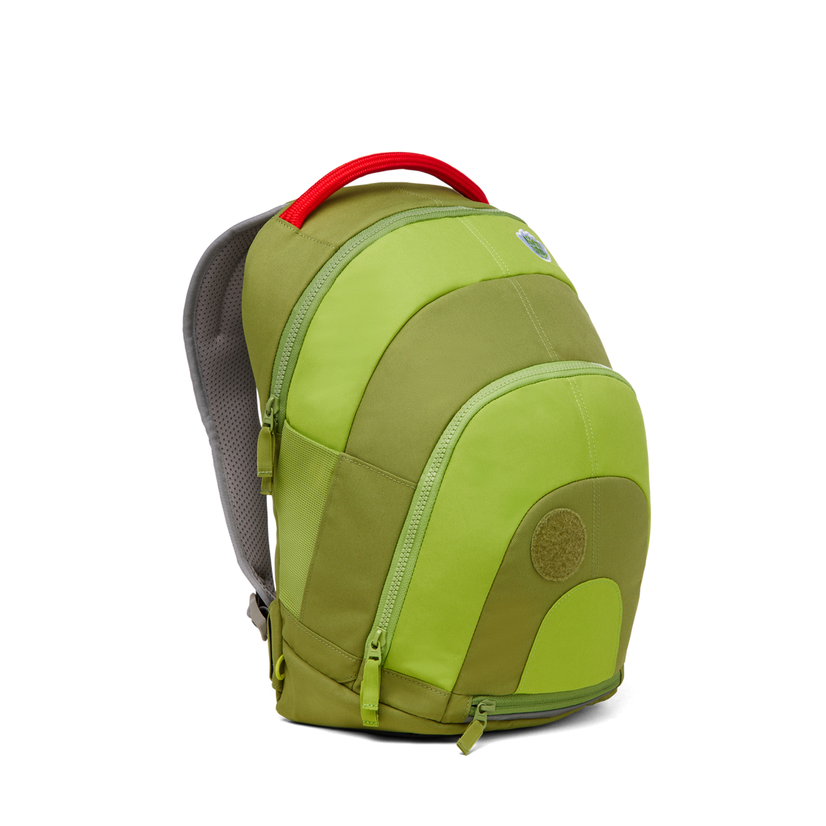 Side view of the Affenzahn Daydreamer Dinosaur Backpack in green for kids, showcasing its deep main compartment, side mesh pocket, and padded shoulder straps.