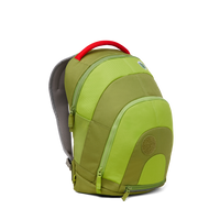Side view of the Affenzahn Daydreamer Dinosaur Backpack in green for kids, showcasing its deep main compartment, side mesh pocket, and padded shoulder straps.