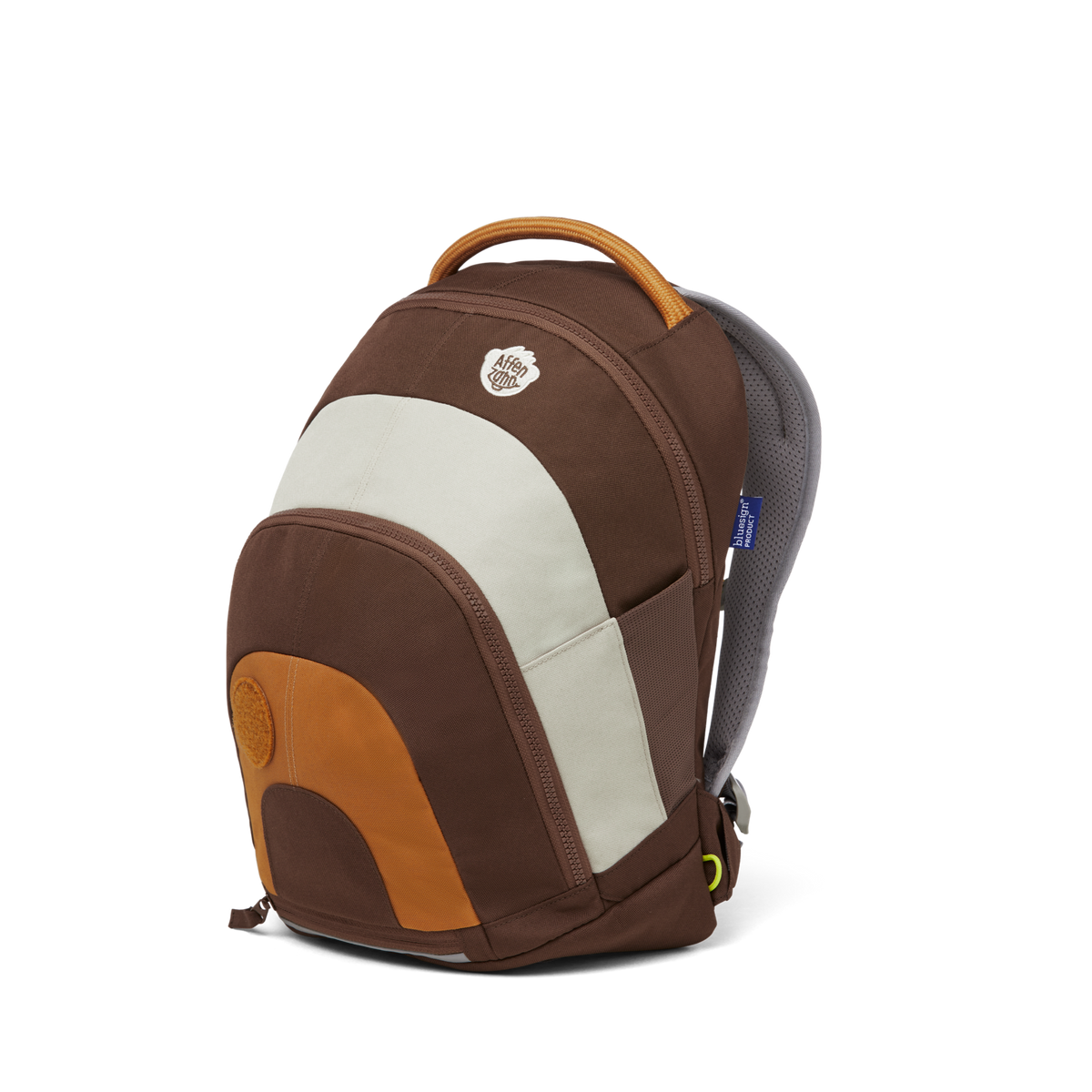 Right Side view of the Affenzahn Daydreamer Monkey Backpack in brown colors for kids, showcasing its deep main compartment, side mesh pocket, and padded shoulder straps.