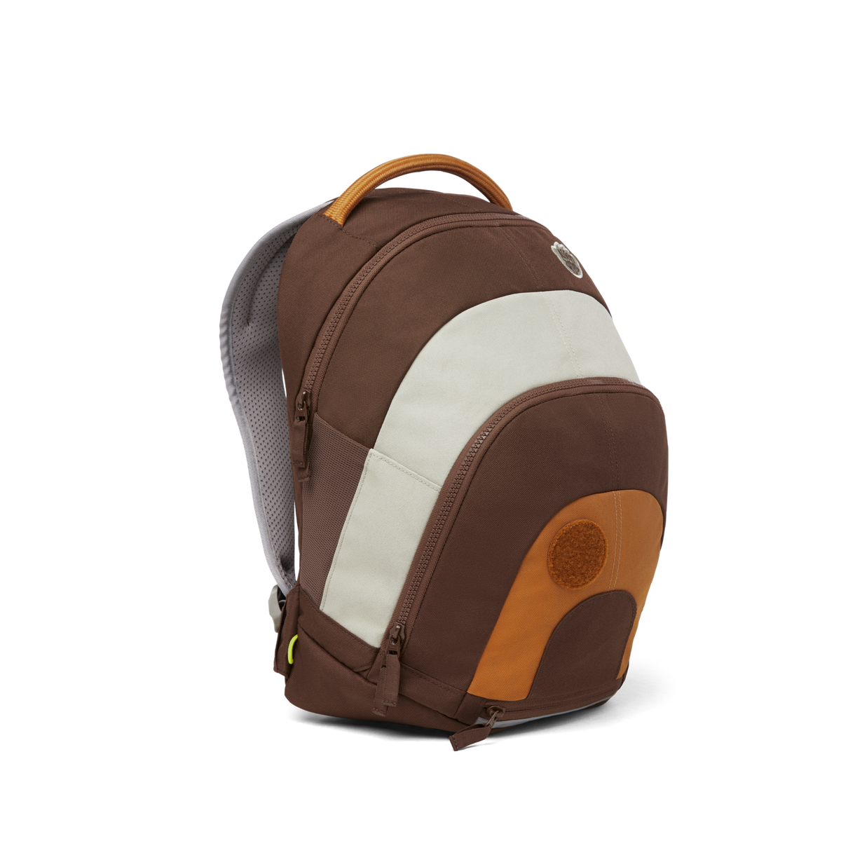 Left Side view of the Affenzahn Daydreamer Monkey Backpack in brown colors for kids, showcasing its deep main compartment, side mesh pocket, and padded shoulder straps.