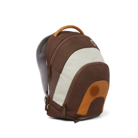 Left Side view of the Affenzahn Daydreamer Monkey Backpack in brown colors for kids, showcasing its deep main compartment, side mesh pocket, and padded shoulder straps.