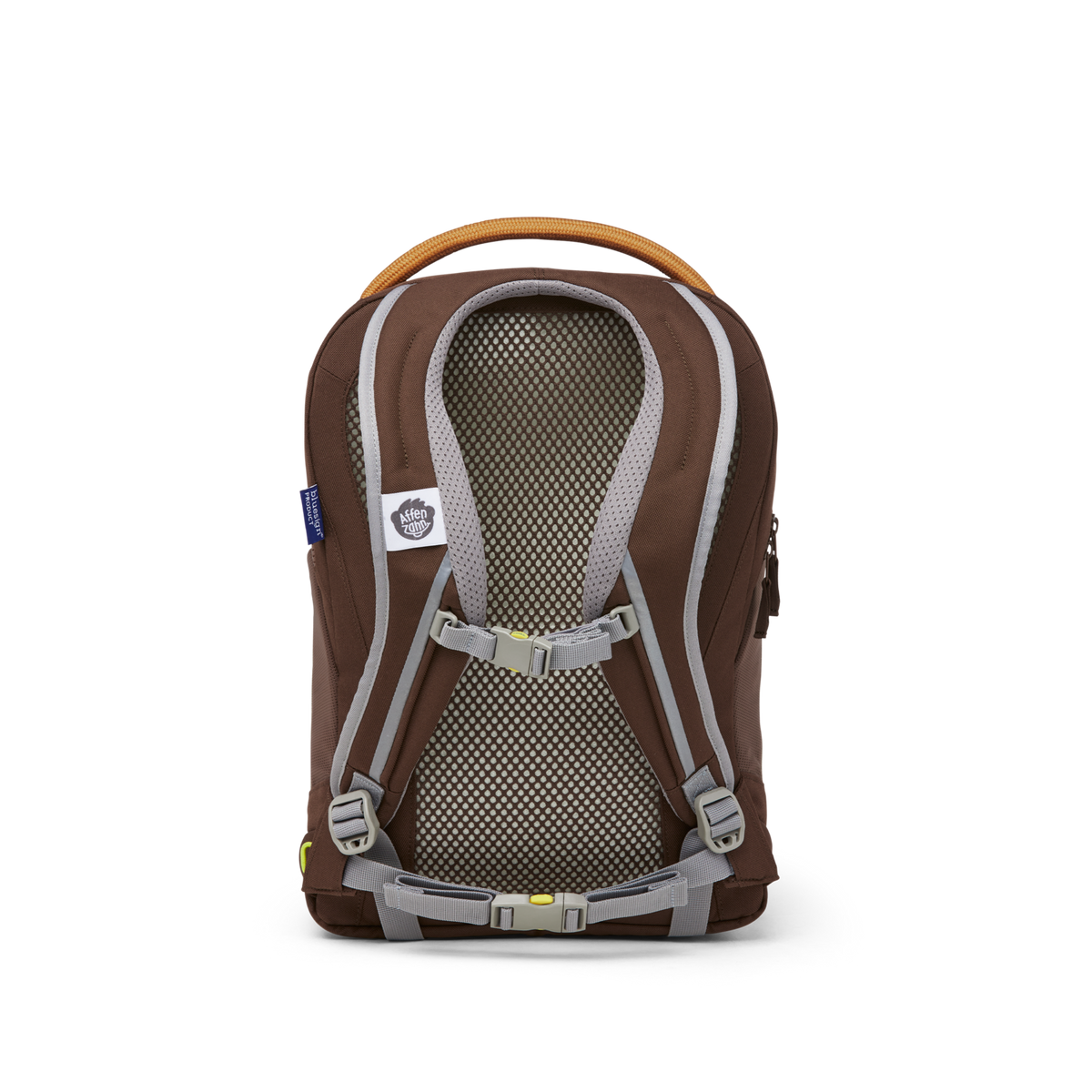 Back view of the Affenzahn Daydreamer Monkey Backpack for kids showing padded ergonomic shoulder straps, breathable back panel, and chest strap for added comfort.