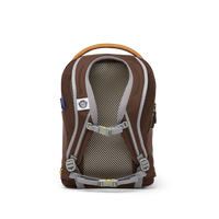 Back view of the Affenzahn Daydreamer Monkey Backpack for kids showing padded ergonomic shoulder straps, breathable back panel, and chest strap for added comfort.