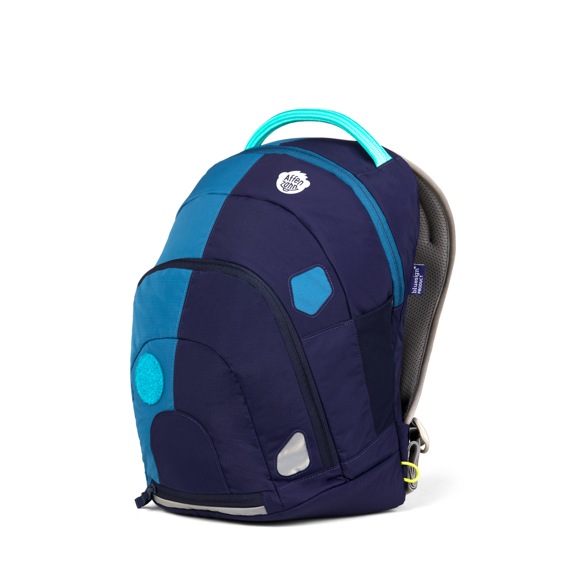 Right Side view of the Affenzahn Daydreamer Octopus Backpack in blue colors for kids, showcasing its deep main compartment, side mesh pocket, and padded shoulder straps.