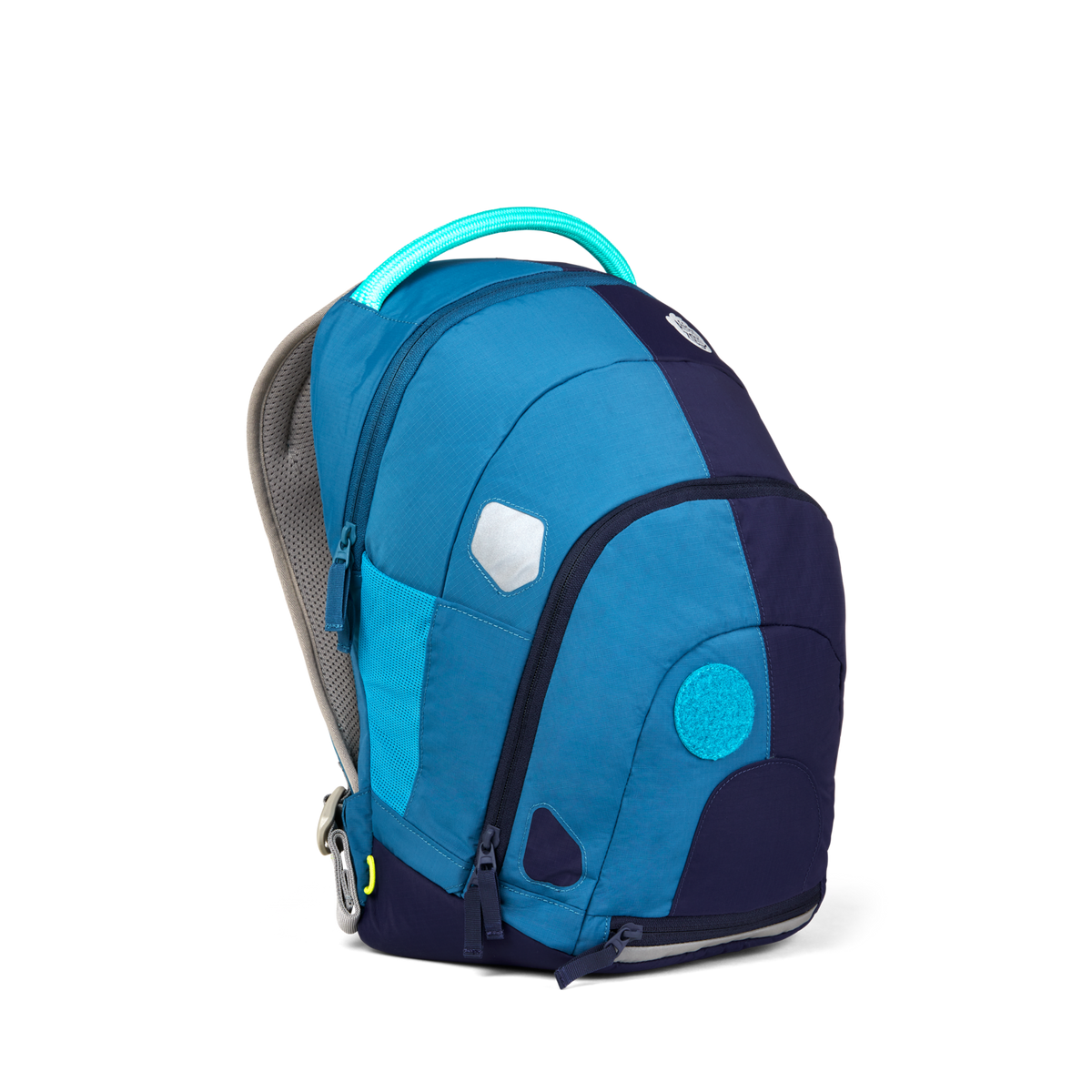 Left Side view of the Affenzahn Daydreamer Octopus Backpack in blue colors for kids, showcasing its deep main compartment, side mesh pocket, and padded shoulder straps.