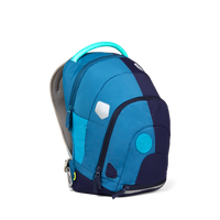 Left Side view of the Affenzahn Daydreamer Octopus Backpack in blue colors for kids, showcasing its deep main compartment, side mesh pocket, and padded shoulder straps.