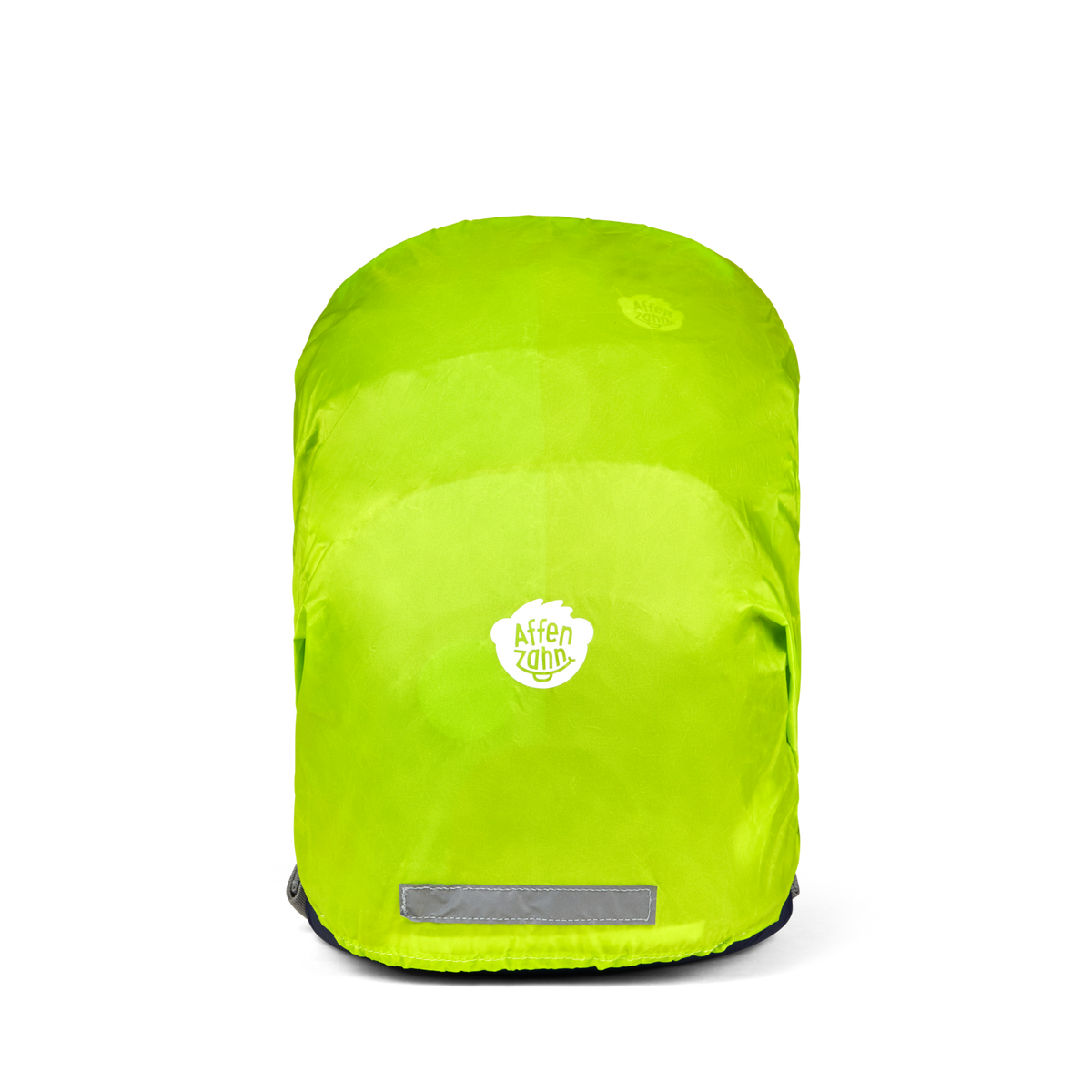 Affenzahn Daydreamer Dinosaur Backpack for kids covered with a reflective neon green rain cover, highlighting weather protection and high-visibility safety features.