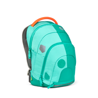 Left Side view of the Affenzahn Daydreamer Crab Backpack in turquoise colors for kids, showcasing its deep main compartment, side mesh pocket, and padded shoulder straps.
