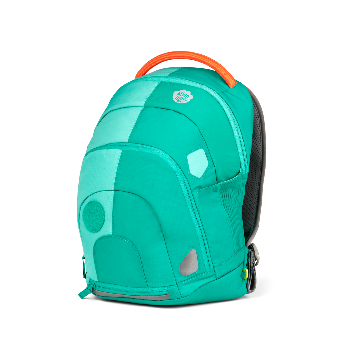 Right Side view of the Affenzahn Daydreamer Crab Backpack in turquoise colors for kids, showcasing its deep main compartment, side mesh pocket, and padded shoulder straps.