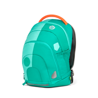 Right Side view of the Affenzahn Daydreamer Crab Backpack in turquoise colors for kids, showcasing its deep main compartment, side mesh pocket, and padded shoulder straps.