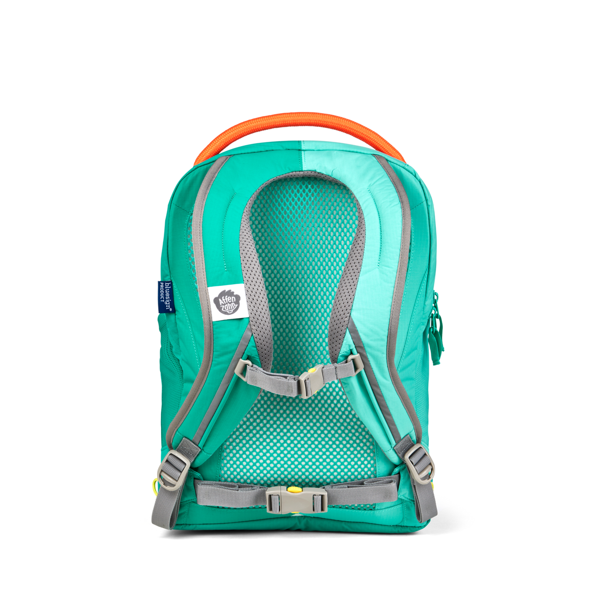 Back view of the Affenzahn Daydreamer Crab Backpack for kids showing padded ergonomic shoulder straps, breathable back panel, and chest strap for added comfort.