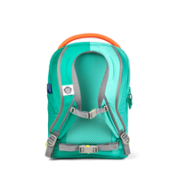 Back view of the Affenzahn Daydreamer Crab Backpack for kids showing padded ergonomic shoulder straps, breathable back panel, and chest strap for added comfort.