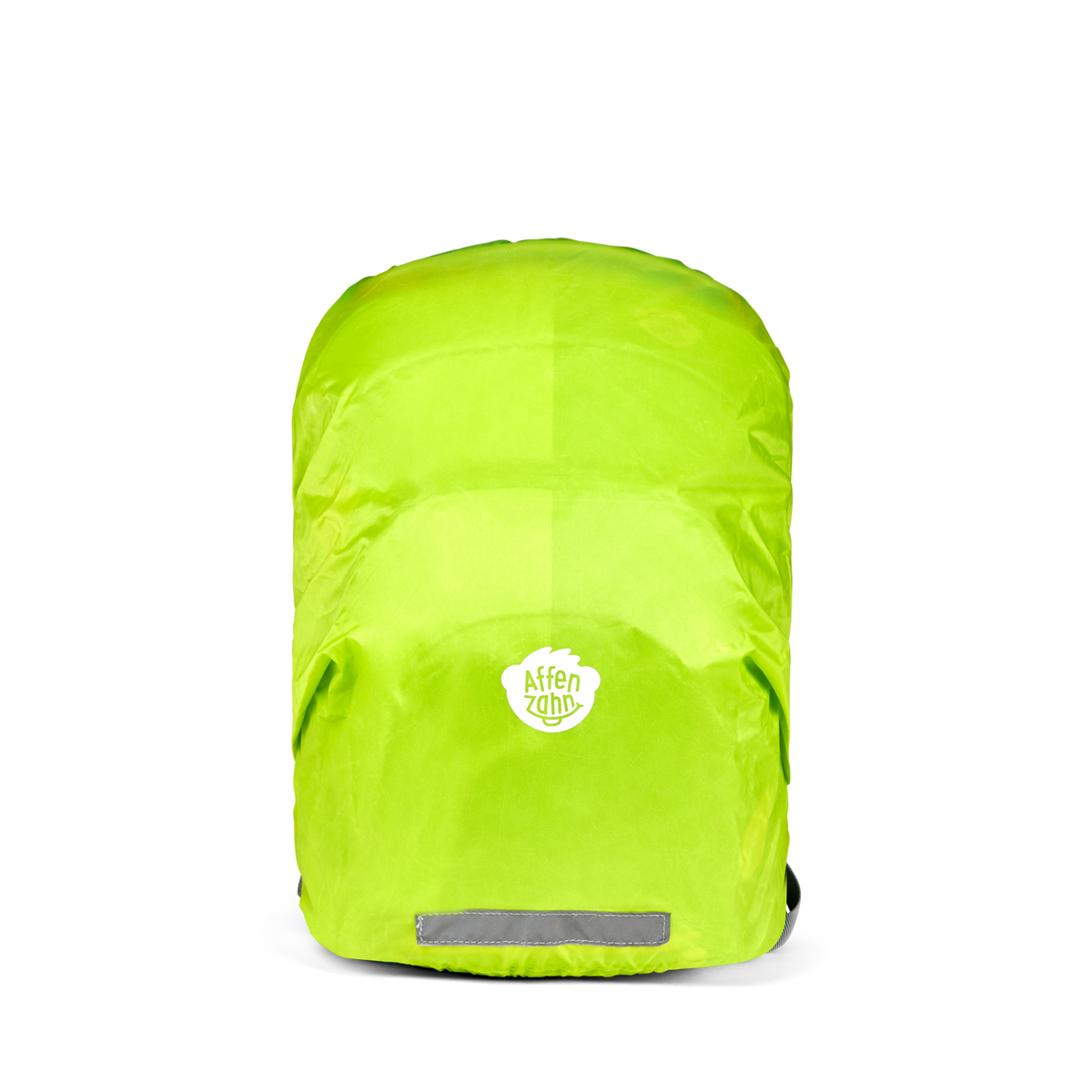 Affenzahn Daydreamer Crab Backpack for kids covered with a reflective neon green rain cover, highlighting weather protection and high-visibility safety features.