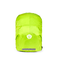 Affenzahn Daydreamer Crab Backpack for kids covered with a reflective neon green rain cover, highlighting weather protection and high-visibility safety features.