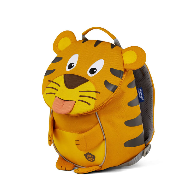 Right side view highlighting the Affenzahn Small Friend Tiger backpack`s depth, adjustable shoulder straps, and the Tiger's ear detailing.