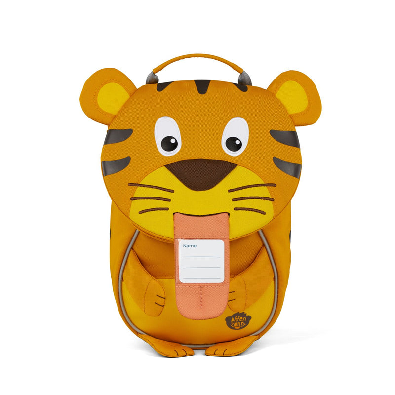 The Affenzahn Small Friend Tiger backpack has a unique tongue feature that can be pulled out to display a name tag or photo.