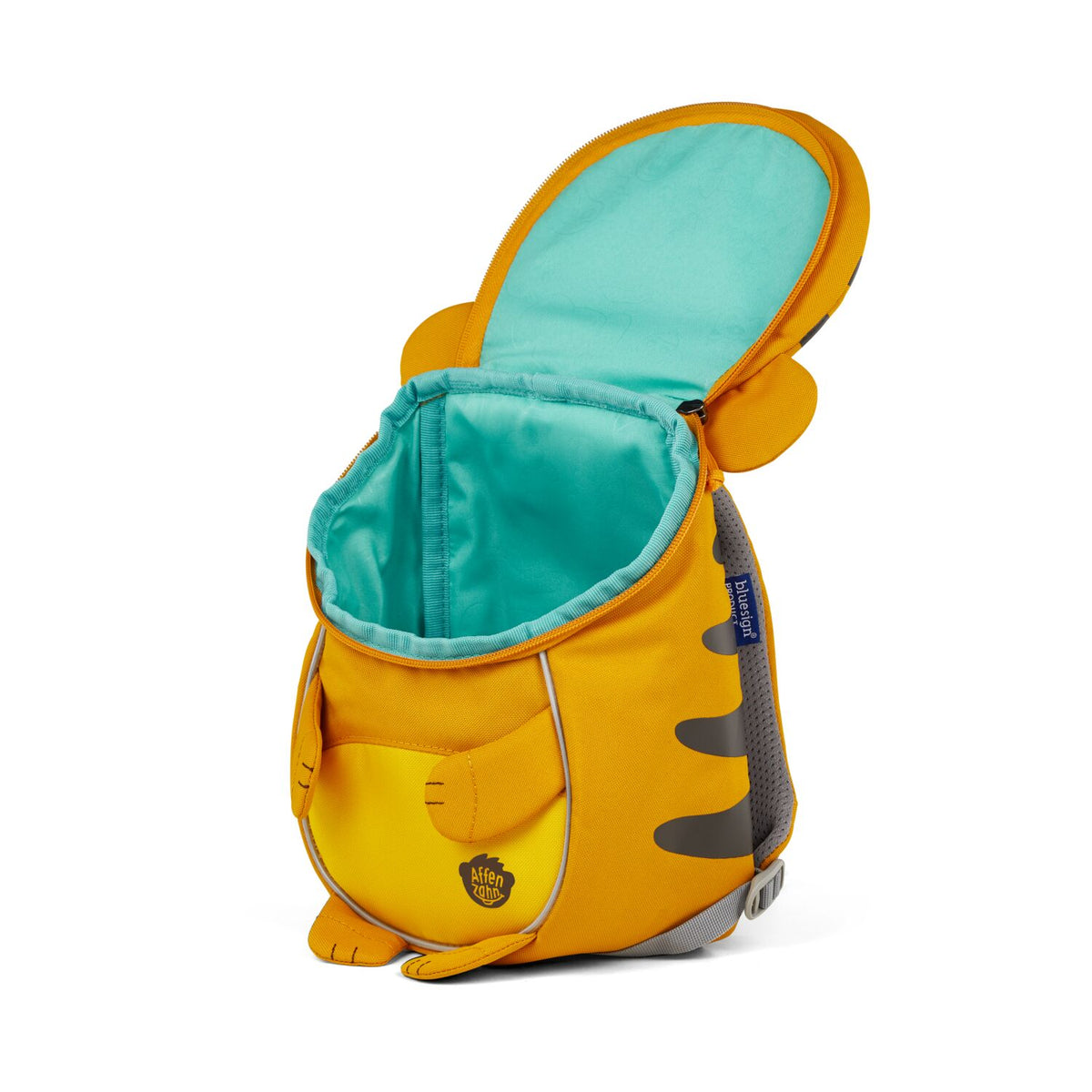 A top-down view of the Affenzahn Small Friend Tiger backpack’s main compartment, suitable for all your kid’s daycare essentials.
