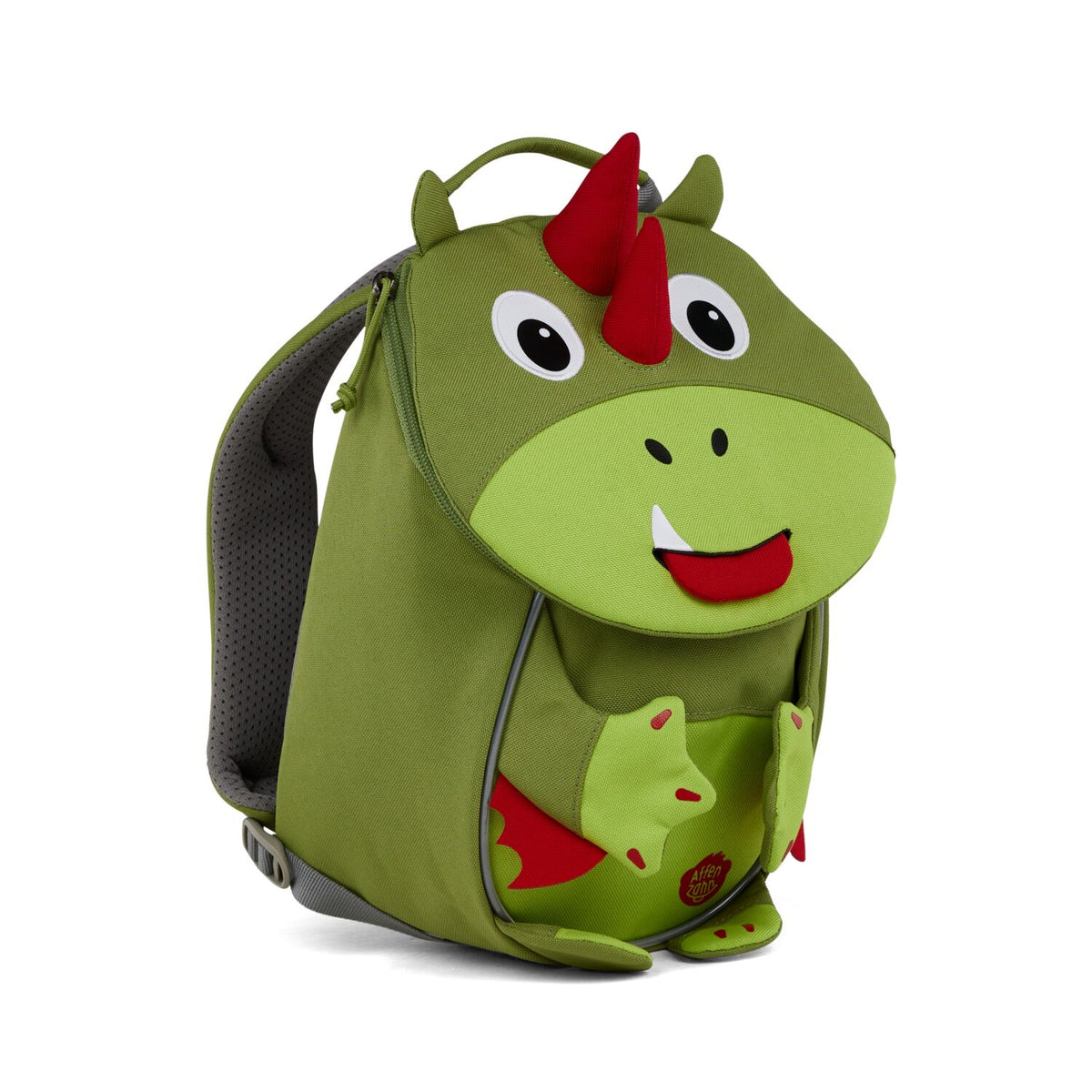 Left side view highlighting the Affenzahn Small Friend Dinosaur backpack`s depth, adjustable shoulder straps, and the Dinosaur's ear detailing.