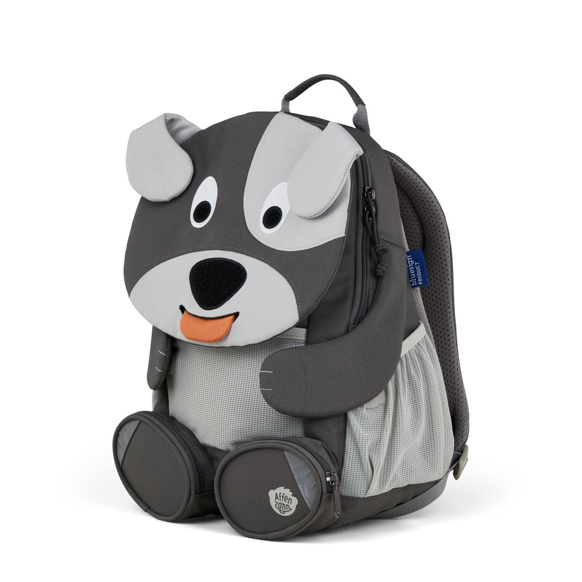 Right side view highlighting the Affenzahn Large Friend Dog backpack`s depth, adjustable shoulder straps, and the Dog's ear detailing.