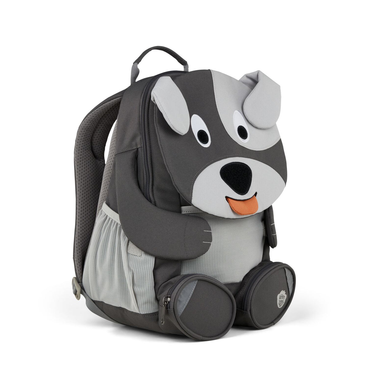 Left side view highlighting the Affenzahn Large Friend Dog backpack`s depth, adjustable shoulder straps, and the Dog's ear detailing.