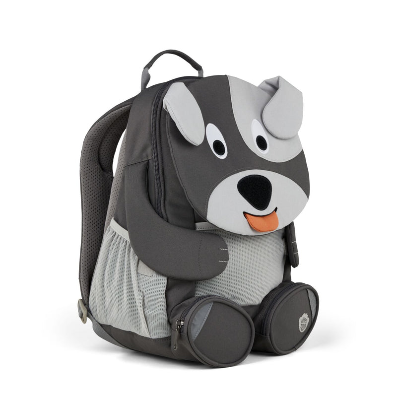 Left side view highlighting the Affenzahn Large Friend Dog backpack`s depth, adjustable shoulder straps, and the Dog's ear detailing.