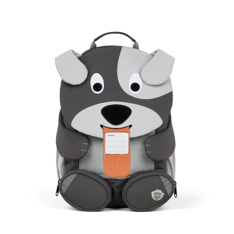 The Affenzahn Large Friend Dog backpack has a unique tongue feature that can be pulled out to display a name tag or photo.