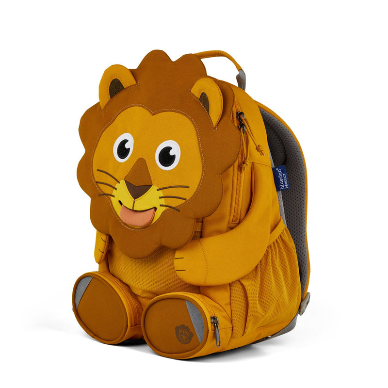 Right side view highlighting the Affenzahn Large Friend Lion backpack`s depth, adjustable shoulder straps, and the Lion's ear detailing.