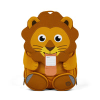 The Affenzahn Large Friend Lion backpack has a unique tongue feature that can be pulled out to display a name tag or photo.