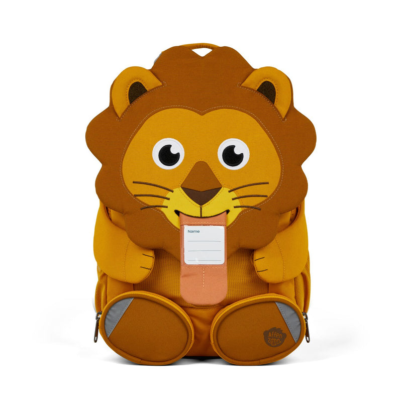 The Affenzahn Large Friend Lion backpack has a unique tongue feature that can be pulled out to display a name tag or photo.