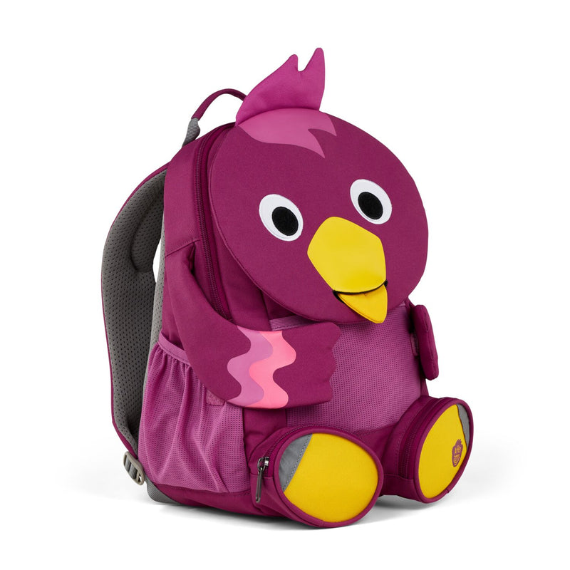 Left side view highlighting the Affenzahn Large Friend Bird backpack`s depth, adjustable shoulder straps, and the Bird's ear detailing.