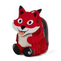 Right side view highlighting the Affenzahn Large Friend Fox backpack`s depth, adjustable shoulder straps, and the Fox's ear detailing.