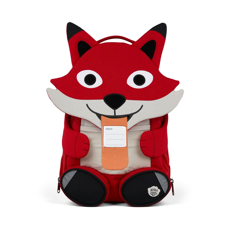 The Affenzahn Large Friend Fox backpack has a unique tongue feature that can be pulled out to display a name tag or photo.