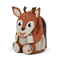 Right side view highlighting the Affenzahn Large Friend Deer backpack`s depth, adjustable shoulder straps, and the Deer's ear detailing.