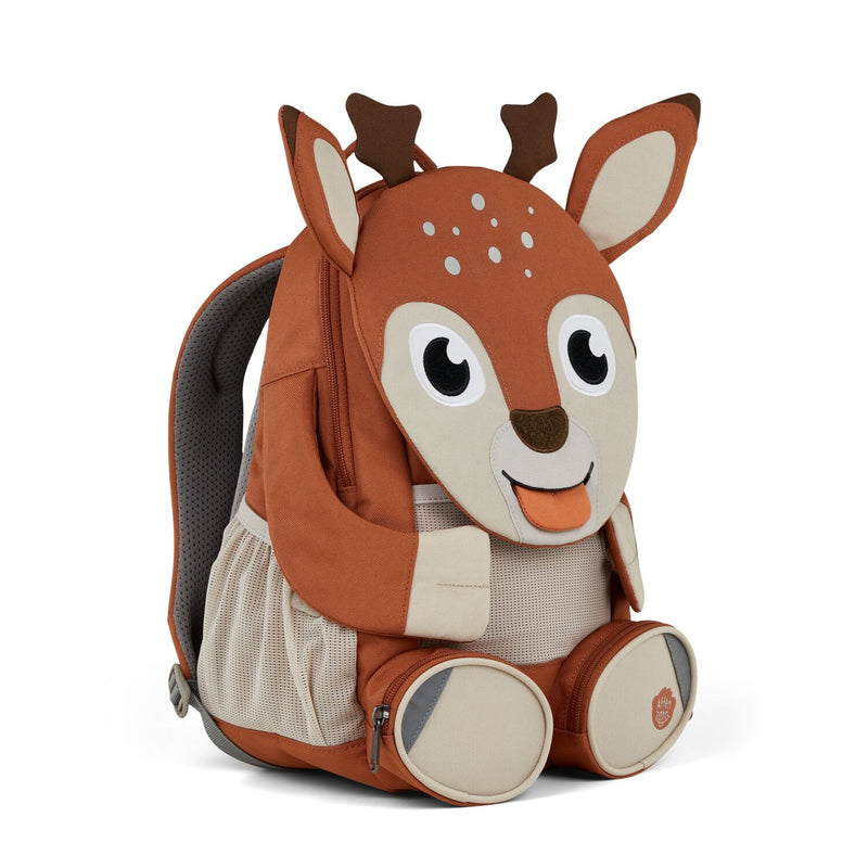 Left side view highlighting the Affenzahn Large Friend Deer backpack`s depth, adjustable shoulder straps, and the Deer's ear detailing.