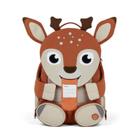 The Affenzahn Large Friend Deer backpack has a unique tongue feature that can be pulled out to display a name tag or photo.