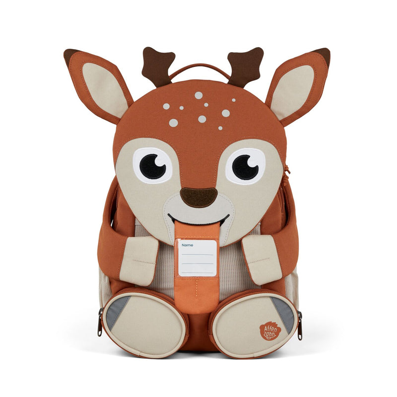 The Affenzahn Large Friend Deer backpack has a unique tongue feature that can be pulled out to display a name tag or photo.