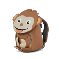 Right side view highlighting the Affenzahn Small Friend Monkey backpack`s depth, adjustable shoulder straps, and the Monkey's ear detailing.