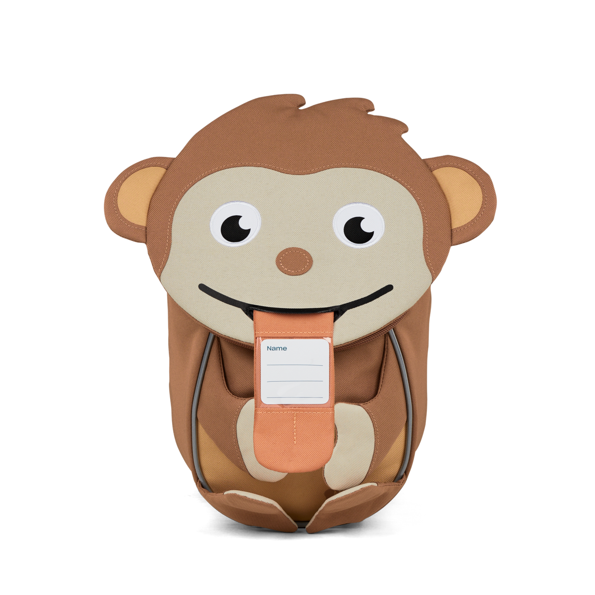 The Affenzahn Small Friend Monkey backpack has a unique tongue feature that can be pulled out to display a name tag or photo.