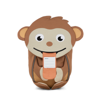 The Affenzahn Small Friend Monkey backpack has a unique tongue feature that can be pulled out to display a name tag or photo.