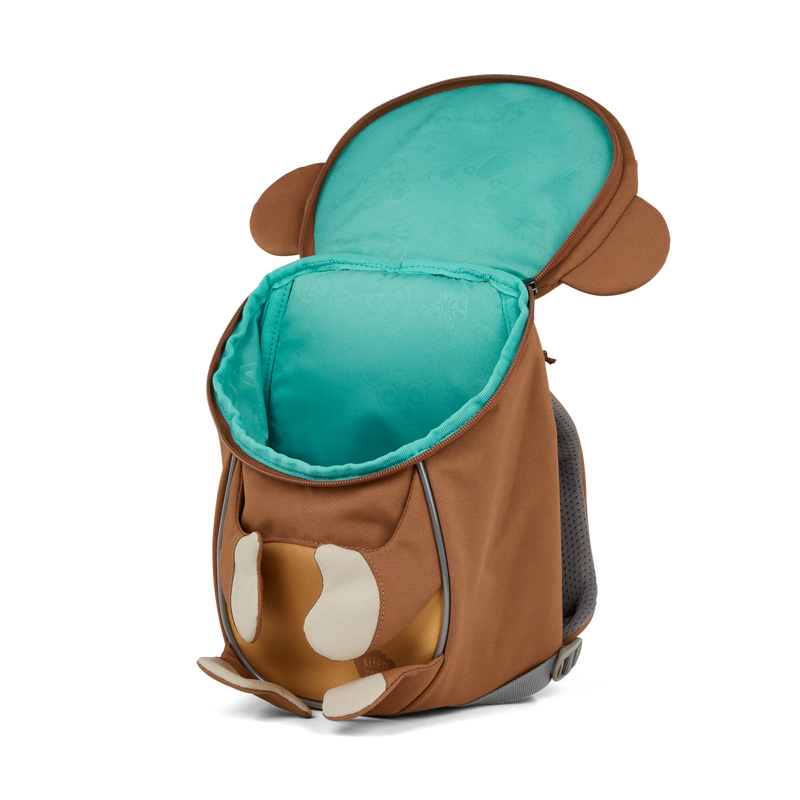 A top-down view of the Affenzahn Small Friend Monkey backpack’s main compartment, suitable for all your kid’s daycare essentials.
