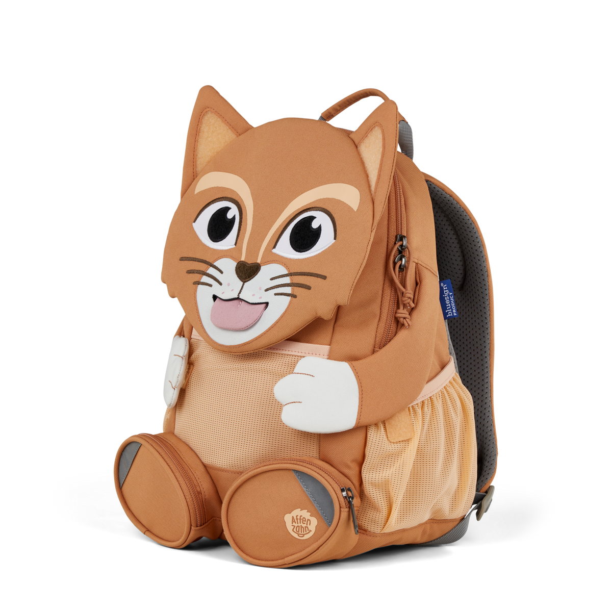 Right side view highlighting the Affenzahn Large Friend Cat backpack`s depth, adjustable shoulder straps, and the Cat's ear detailing.