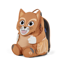 Right side view highlighting the Affenzahn Large Friend Cat backpack`s depth, adjustable shoulder straps, and the Cat's ear detailing.
