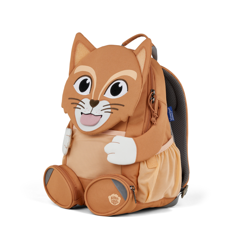 Right side view highlighting the Affenzahn Large Friend Cat backpack`s depth, adjustable shoulder straps, and the Cat's ear detailing.