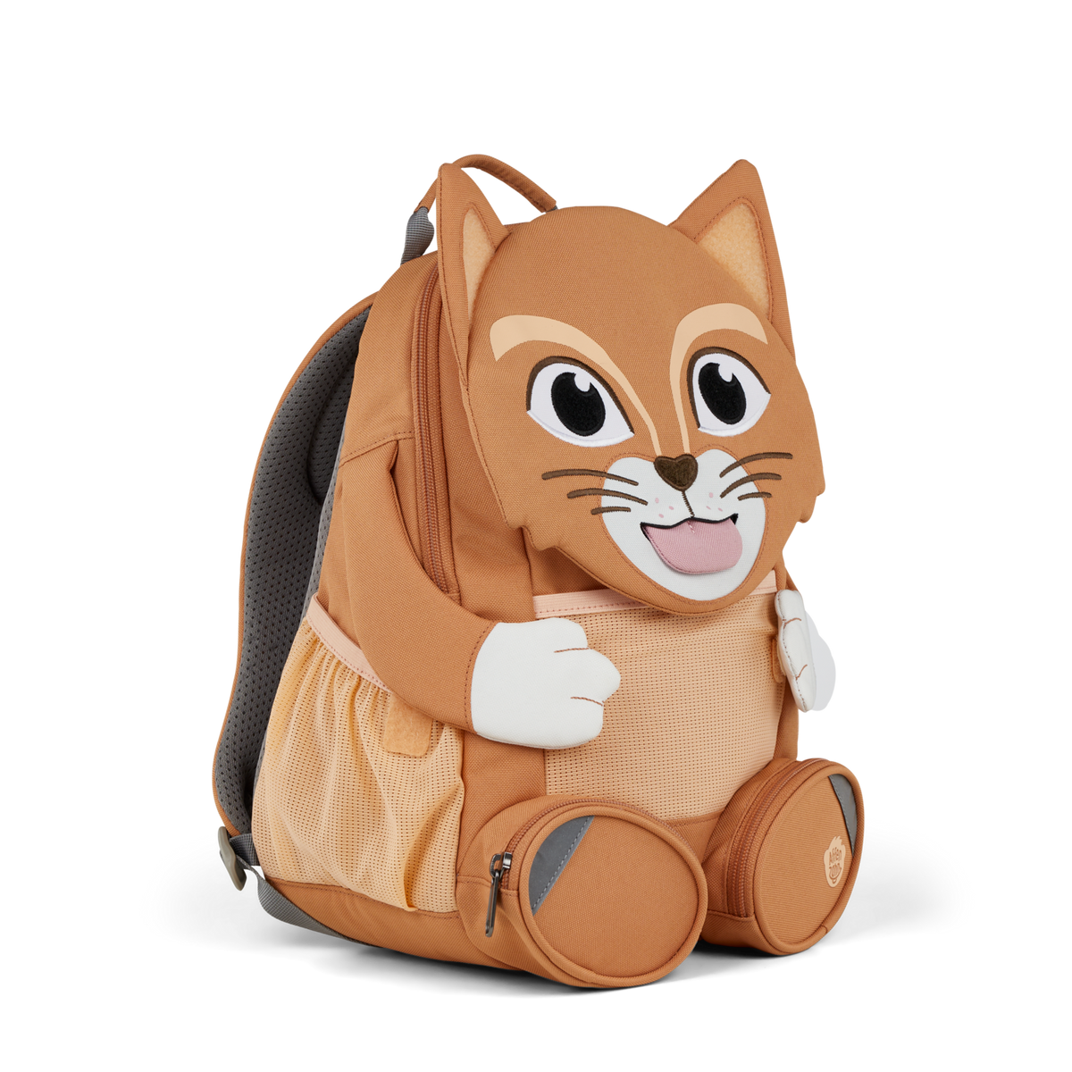 Left side view highlighting the Affenzahn Large Friend Cat backpack`s depth, adjustable shoulder straps, and the Cat's ear detailing.