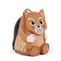 Left side view highlighting the Affenzahn Large Friend Cat backpack`s depth, adjustable shoulder straps, and the Cat's ear detailing.