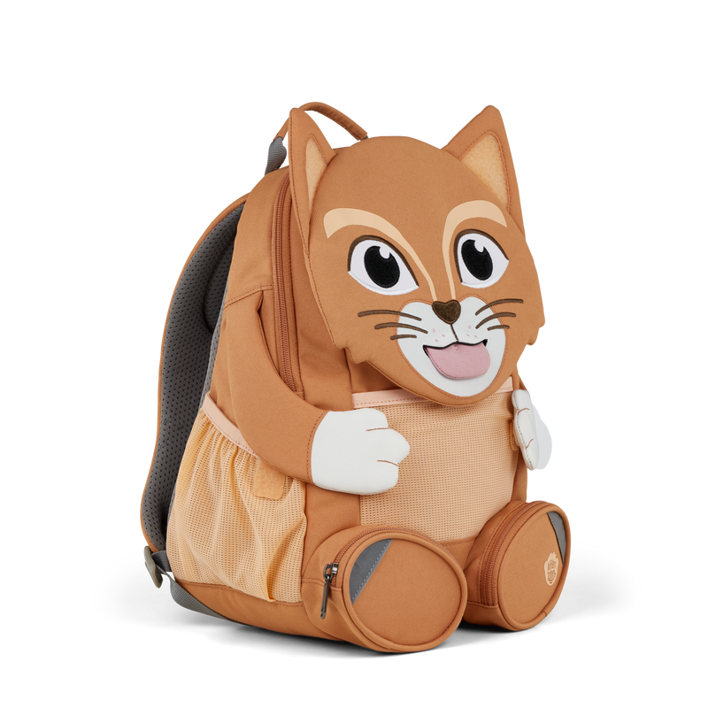 Left side view highlighting the Affenzahn Large Friend Cat backpack`s depth, adjustable shoulder straps, and the Cat's ear detailing.